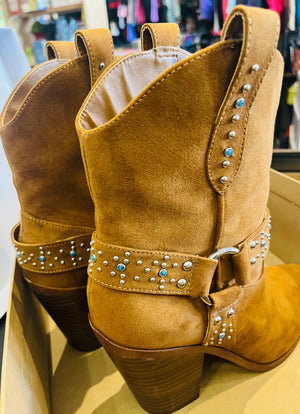 Jessica Simpson Koxia 2 Turquoise Stud Tan Western Pointed Toe Block Heel Boots sz 8M w Original Box