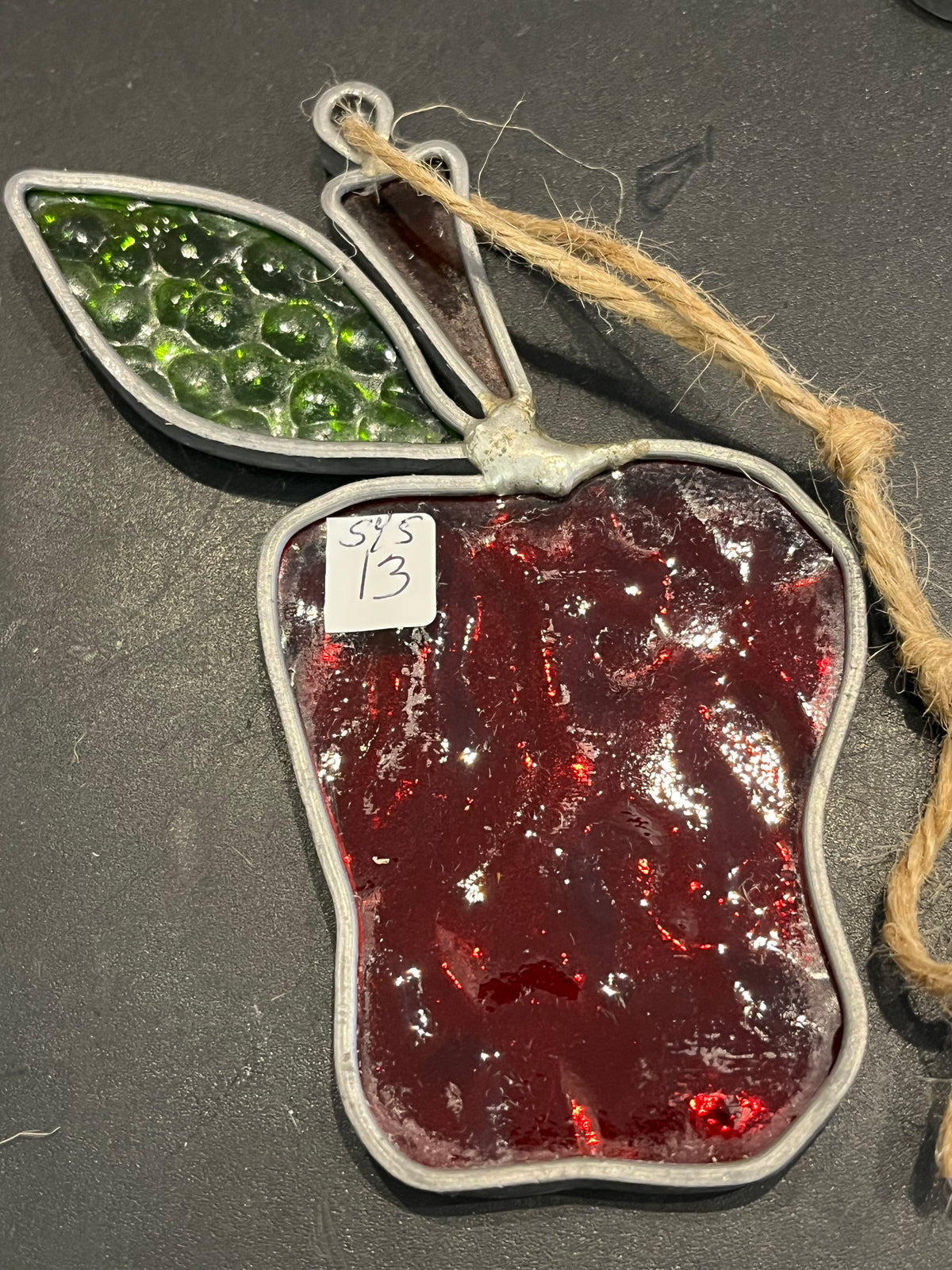 VTG Red Apple w Stem and Leaf Stained Glass