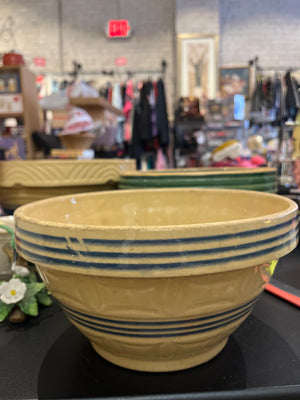 Yellow Ware 9” Pottery Mixing Bowl Six Blue Stripes Rings w Bottom Small Chip