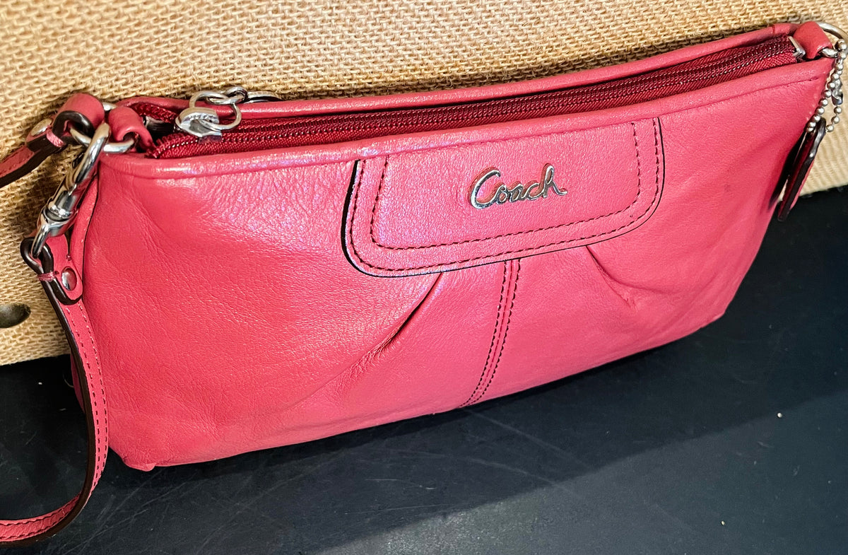 COACH Ashley 9” Leather Zipper Credit Card Wristlet Rose Pink GUC!