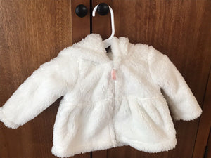 JUST ONE YOU - CARTERS White Fuzzy Hooded Jacket W Pink Inside Lining Size 3M USED