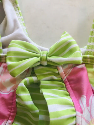 USED FLAP HAPPY Baby Girl 18 Months Pink And Green Flower 1 Piece EUC- Pretty Suit!