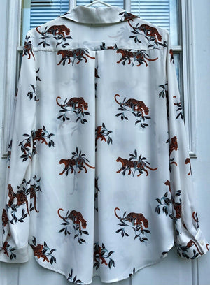 Ann Taylor White w Leopard Animal Flowy L/S Two Pocket Blouse SzM USED