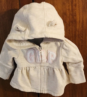 Baby Gap Spell Out Infant Girl Tan Sherpa Lined Zip Hoodie Sweatshirt with Ears USED