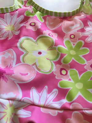 USED FLAP HAPPY Baby Girl 18 Months Pink And Green Flower 1 Piece EUC- Pretty Suit!