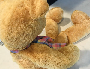 ANICO Tan Bear W Pink & Blue Plaid Bow, Long Legs, Weighted Bottom With Tag! USED