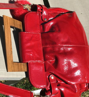 ZINA & EVA Apple Red 5 Pocket Patent Leather Bag Over Shoulder/Wood Handle USED