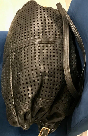 Vtg BRIO Black LEATHER Perforated 15" Side Cinch | Split Sided Zipper | Bag USED