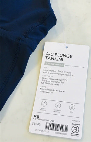 ATHLETA A-C PLUNGE NAVY TANKINI TOP XS Quick Drying, UPF, Recycled Mat. W Tags! USED