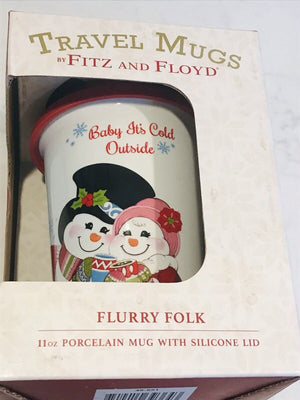 Travel Mugs by Fitz & Floyd Xmas “Baby It’s Cold Outside” 11oz Porcelain W Lid