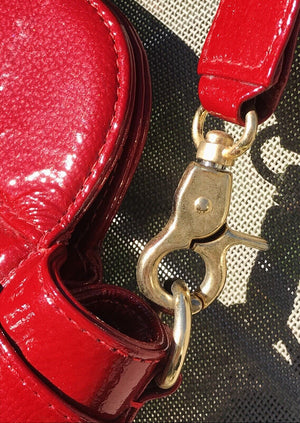 ZINA & EVA Apple Red 5 Pocket Patent Leather Bag Over Shoulder/Wood Handle USED