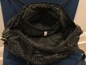 Vtg BRIO Black LEATHER Perforated 15" Side Cinch | Split Sided Zipper | Bag USED