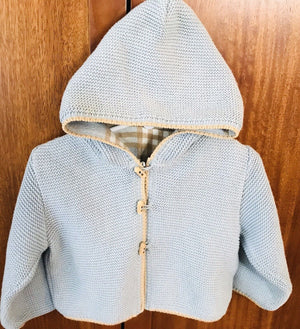 A SOFT IDEA Baby Blue Knit Hooded Flannel Lined Sweater Wood Toggle Closure 9M USED