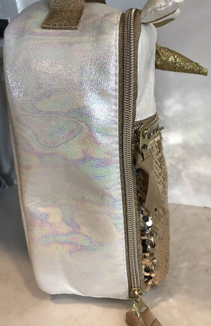 KIDS Gold/White Unicorn TOP HANDLE BAG with Horn, Ears On Sequins Metallic -