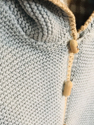A SOFT IDEA Baby Blue Knit Hooded Flannel Lined Sweater Wood Toggle Closure 9M USED