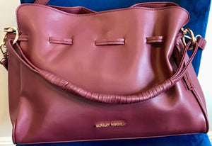 Badgley Mischka Mono Wine Color Faux LTHR Bucket Drawstring Crossbody Bag USED