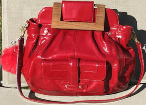 ZINA & EVA Apple Red 5 Pocket Patent Leather Bag Over Shoulder/Wood Handle USED
