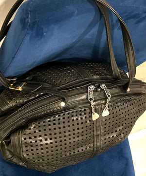 Vtg BRIO Black LEATHER Perforated 15" Side Cinch | Split Sided Zipper | Bag USED