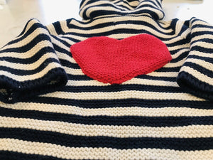 USED Baby Gap Blue & White Striped Heart Hooded Sweater w Ears 3-6M / Adorable! Warm!