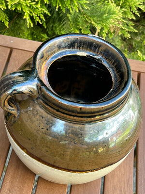 Vintage 2Qts Two Tone White+Brown 7” wBlue #2, One Handle Crock/Bean Pot