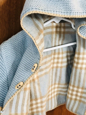 A SOFT IDEA Baby Blue Knit Hooded Flannel Lined Sweater Wood Toggle Closure 9M USED