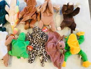 Vintage Beanie Babies LOT 13 w Tags! PeaceWrinkles, Freckles, Iggy, Batty, Bingo USED
