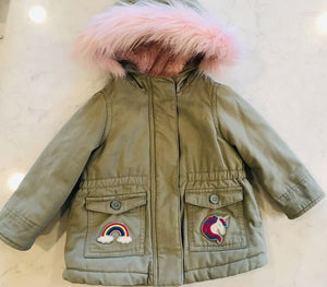 USED Children’s Place: Unicorn Hooded Green Parka W Pink Furry Lining Baby 12-18M