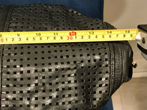 Vtg BRIO Black LEATHER Perforated 15" Side Cinch | Split Sided Zipper | Bag USED
