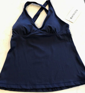 ATHLETA A-C PLUNGE NAVY TANKINI TOP XS Quick Drying, UPF, Recycled Mat. W Tags! USED