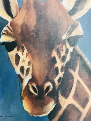 Artist TARA GAMEL: Exotic Safari Giraffe Mini Print On Wood Blue Plaque USED