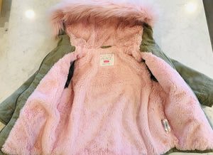 USED Children’s Place: Unicorn Hooded Green Parka W Pink Furry Lining Baby 12-18M