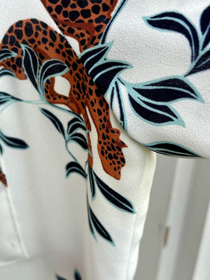 Ann Taylor White w Leopard Animal Flowy L/S Two Pocket Blouse SzM USED