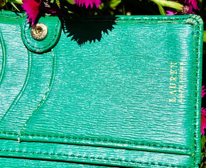 Lauren Ralph Lauren Green Leather Wallet w Gold Nameplate w Some Worn Edges USED