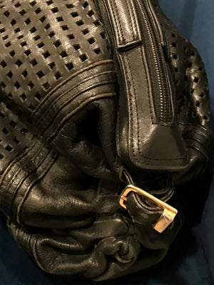 Vtg BRIO Black LEATHER Perforated 15" Side Cinch | Split Sided Zipper | Bag USED