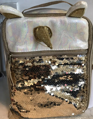 KIDS Gold/White Unicorn TOP HANDLE BAG with Horn, Ears On Sequins Metallic -
