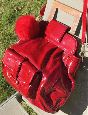 ZINA & EVA Apple Red 5 Pocket Patent Leather Bag Over Shoulder/Wood Handle USED