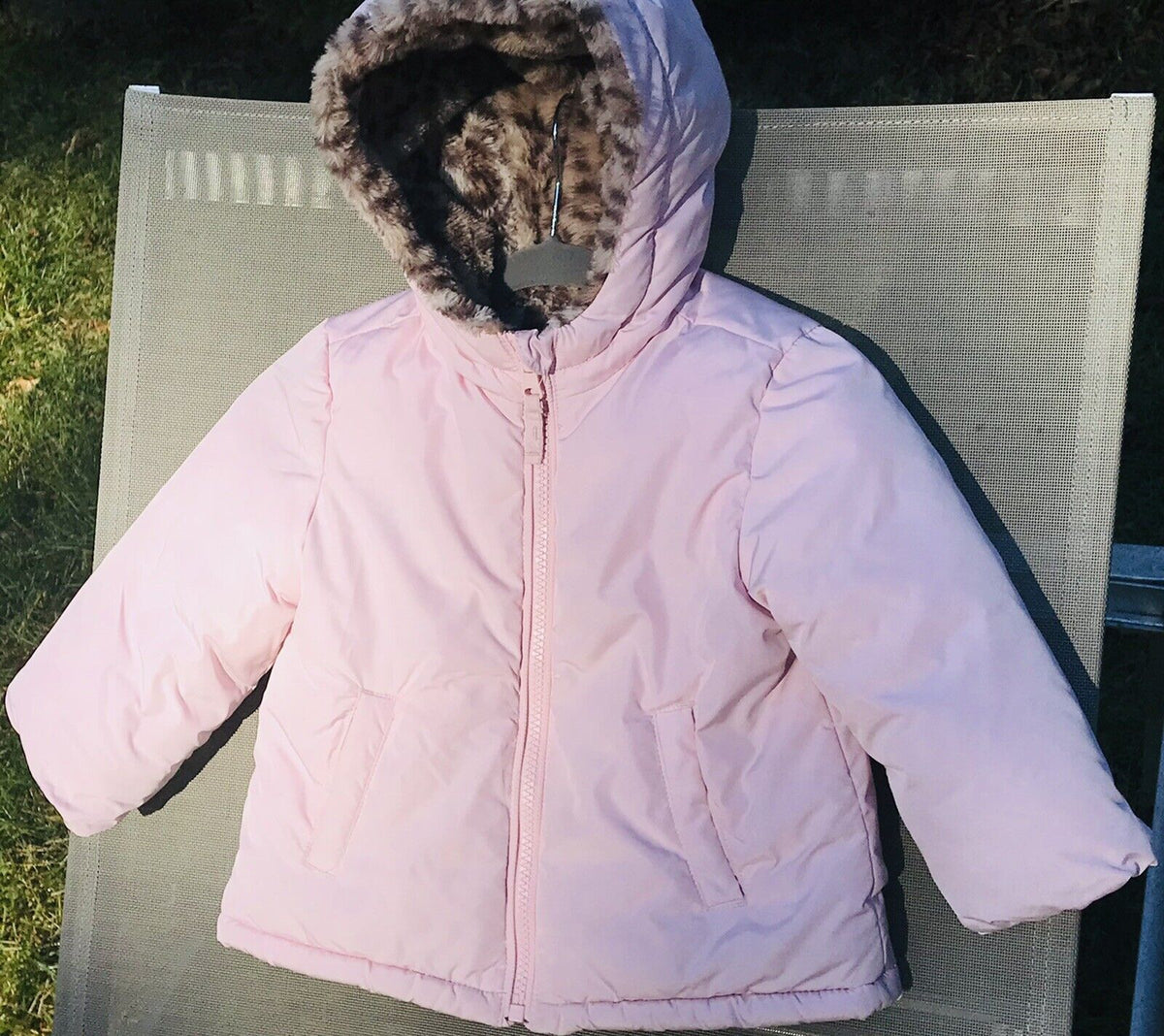 PLACE Pink Hoodie Zip Up Coat with Leopard Faux Fur 18-24 Mos Great Used Cond.!!