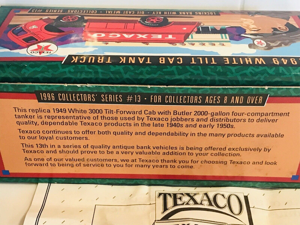 VINTAGE ERTL 1949 TEXACO WHITE TILT CAB FUEL TANKER TRUCK W Papers USED