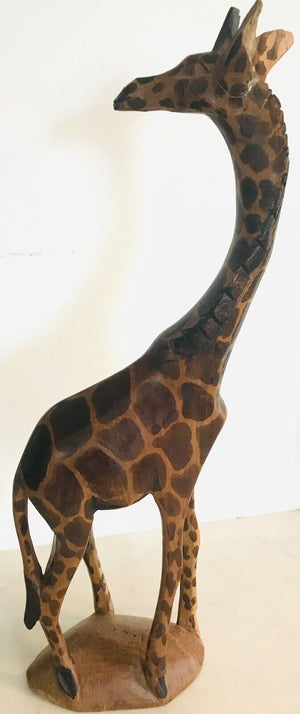 Vintage Hand Carved Wood 12.5” Giraffe Hand Painted On Base With Head Turned