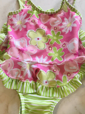 USED FLAP HAPPY Baby Girl 18 Months Pink And Green Flower 1 Piece EUC- Pretty Suit!