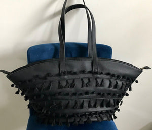 Shiraleah Women’s Black Vegan Leather Pom Pom Style 23" Tote NEW W TAG Stunning!