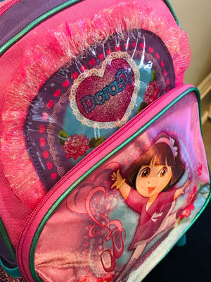 USED Dora The Explorer Pink Ballet Adventures Wheelie Handle Suitcase Book bag Combo