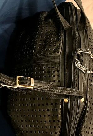 Vtg BRIO Black LEATHER Perforated 15" Side Cinch | Split Sided Zipper | Bag USED