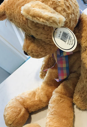ANICO Tan Bear W Pink & Blue Plaid Bow, Long Legs, Weighted Bottom With Tag! USED