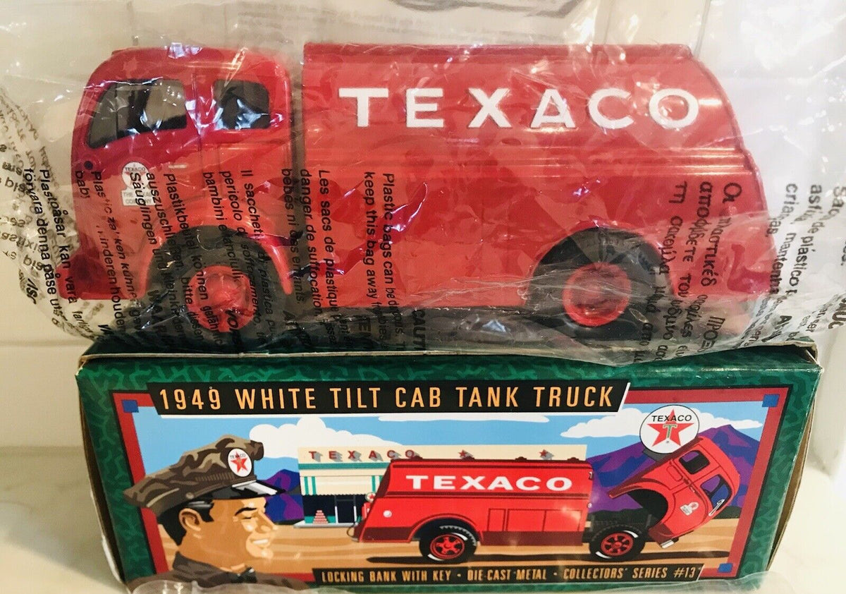 VINTAGE ERTL 1949 TEXACO WHITE TILT CAB FUEL TANKER TRUCK W Papers USED