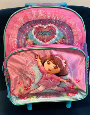 USED Dora The Explorer Pink Ballet Adventures Wheelie Handle Suitcase Book bag Combo