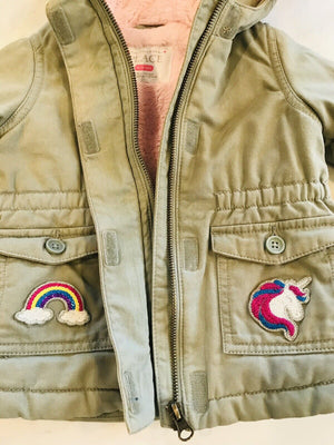USED Children’s Place: Unicorn Hooded Green Parka W Pink Furry Lining Baby 12-18M
