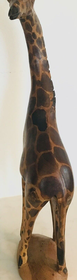 Vintage Hand Carved Wood 12.5” Giraffe Hand Painted On Base With Head Turned