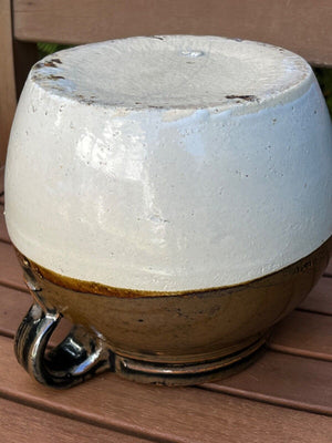 Vintage 2Qts Two Tone White+Brown 7” wBlue #2, One Handle Crock/Bean Pot