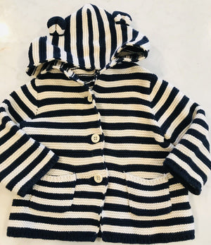 USED Baby Gap Blue & White Striped Heart Hooded Sweater w Ears 3-6M / Adorable! Warm!